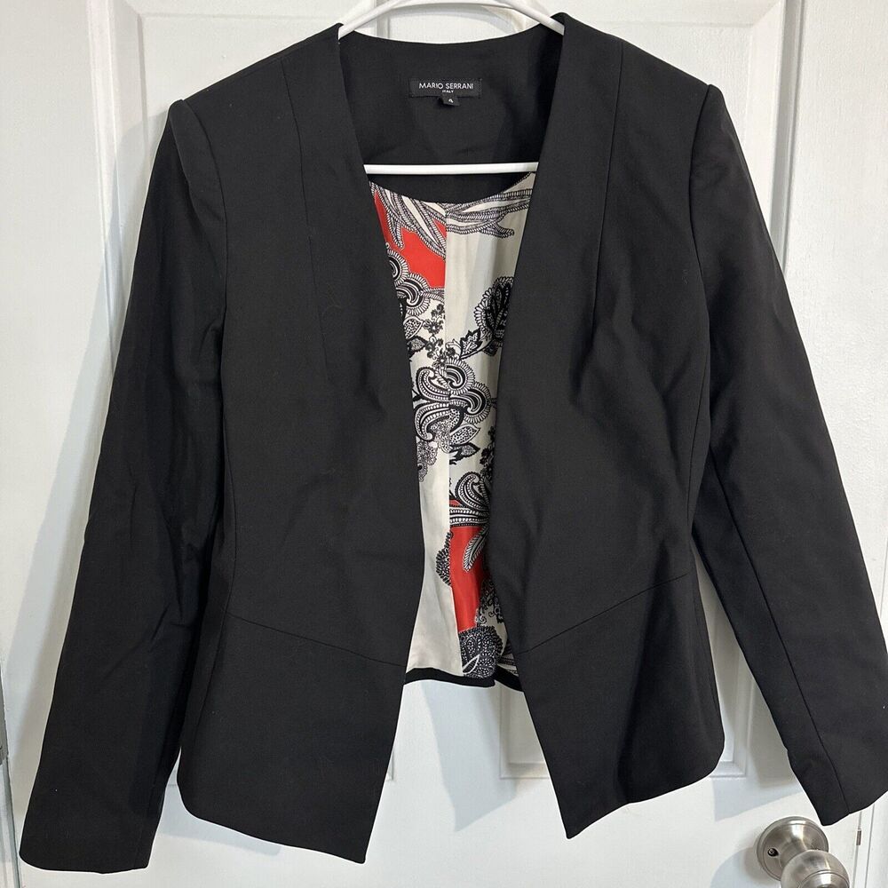 Mario Serrani Italy Career Black Collarless Open Front Blazer Paisley Lining 4